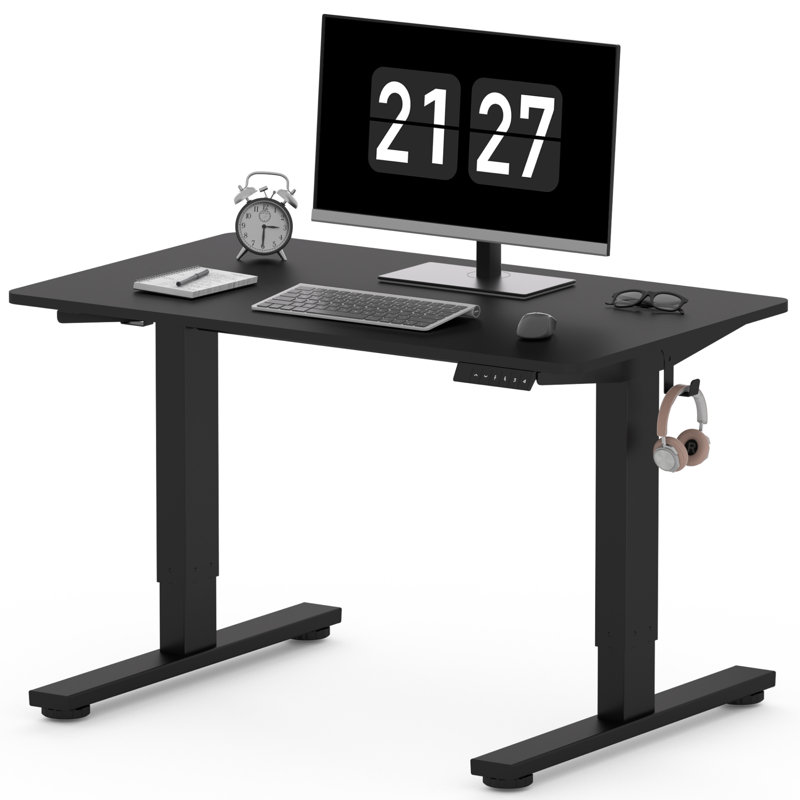 Ergonomic Home Office Height Adjustable Standing Desk Whole-Piece Desktop with Hooks, Black, 46.5" H x 39.4" W x 23.6" D