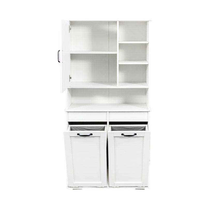 Laundry Hamper Cabinet With Doors - Shelf, Tilt-Out, Multiple Storage, Freestanding, Adjustable, White Adjustable Shelf Doors, Tilt-Out Hamper, White, Easy Maintenance, Freestanding