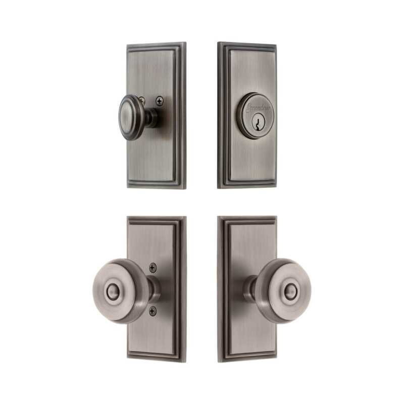 Grandeur Carre Short Plate Entry Set with Bouton Knob in Antique Pewter, 2.75", Antique Pewter