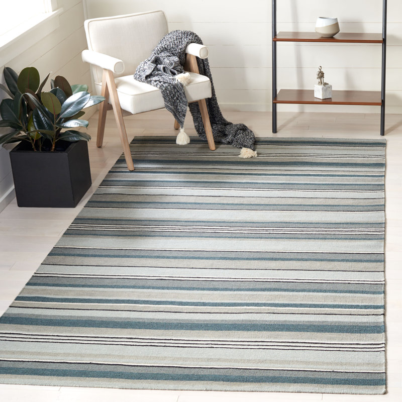 Bedolla Hand Loomed Wool/Cotton Striped Rug in Gray/Sea Green, Rectangle 9' x 12'