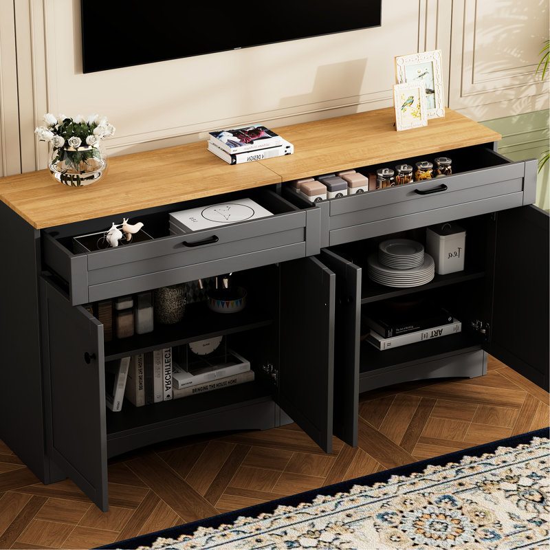 Meuble télé pour téléviseurs de 70 pouces, gris au charme rustique, avec 2 tiroirs et étagères réglables, buffet pour sous-sol