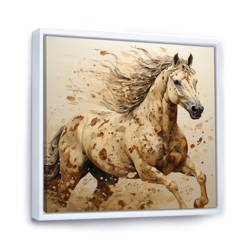Beige cheval harmonieux pointillisme - imprimé, Cadre flottant blanc, H 36 po x l 36 po x P 1,5 po