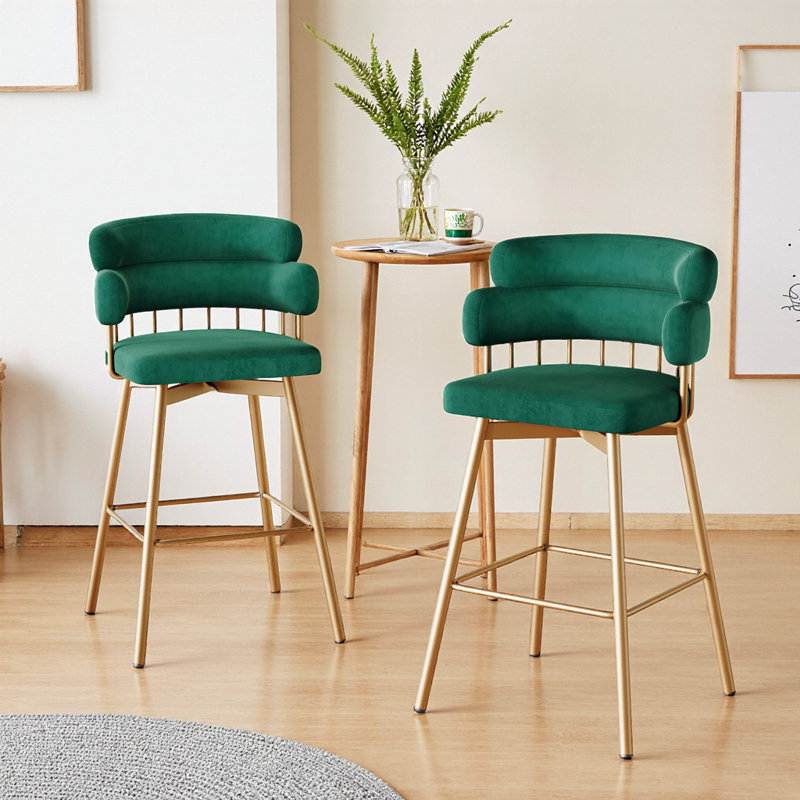 Ensemble de 2 tabourets de bar modernes pivotants verts de 26 po avec pieds en métal doré