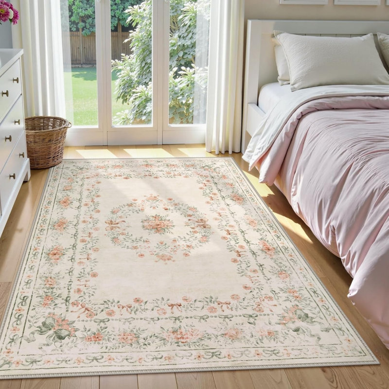 French Floral Area Rug 5 × 7 Ft for Bedroom, Cream Pink
