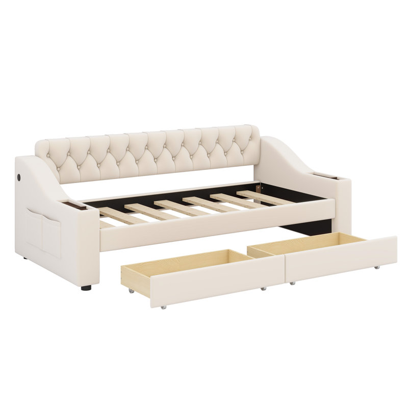 Upholstered Daybed With Storage Armrests And USB Port, Beige
