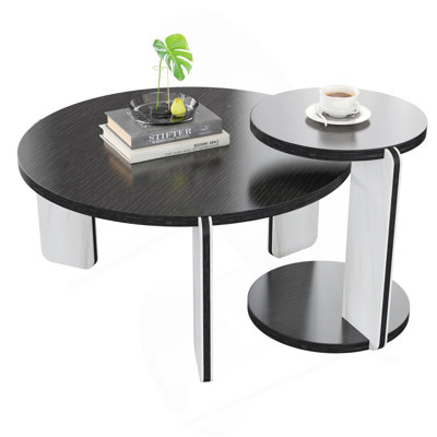 Modern Coffee Table with End Table Set, Durable veneered MDF 83cm diameter Center Table with a 43cm diameter Side Table for Living Room, study room, strong and stable sintered stone legs/base