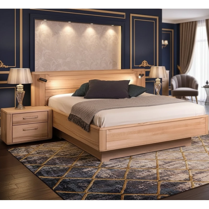 Ensemble de chambre à coucher en bois massif européen avec rangement et éclairage de tête de lit à DEL, Très grand