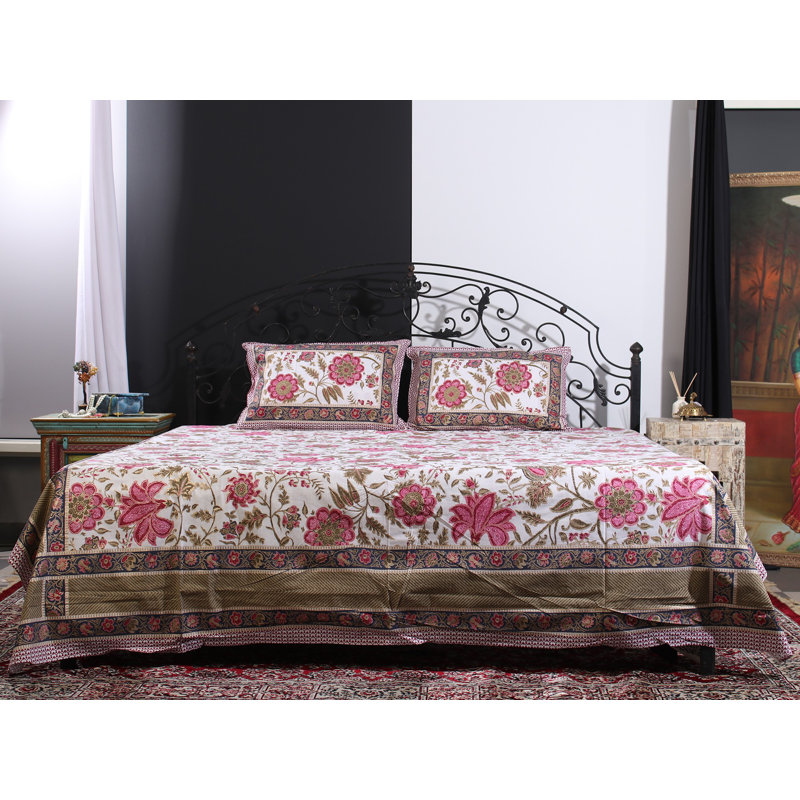 Cloud-Cream Mughal Floral Gold Outline Print 100% Cotton Queen Size Bedsheet Set – Pink Bold Vine Motif, 2 Pillow Covers, Artisan Indian Bedding