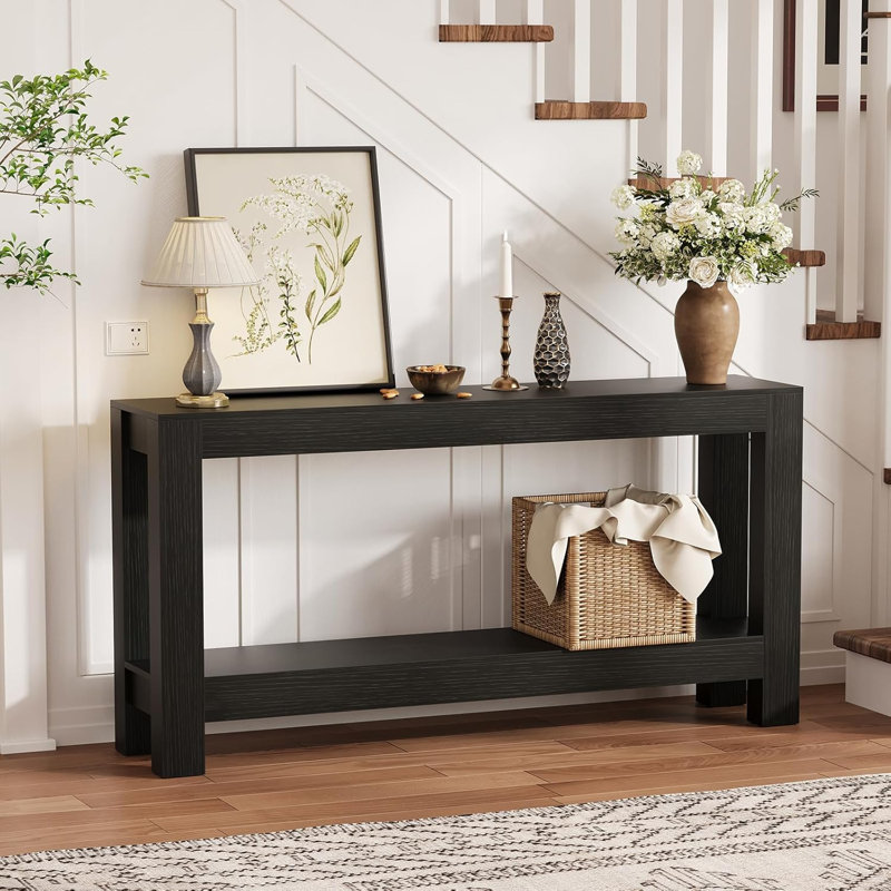 63 Inch Console Table, Stable 2-Tier Farmhouse Entryway Table with Reinforced Support, Long Narrow Sofa Table Behind Couch for Living Room, Hallway, Foyer