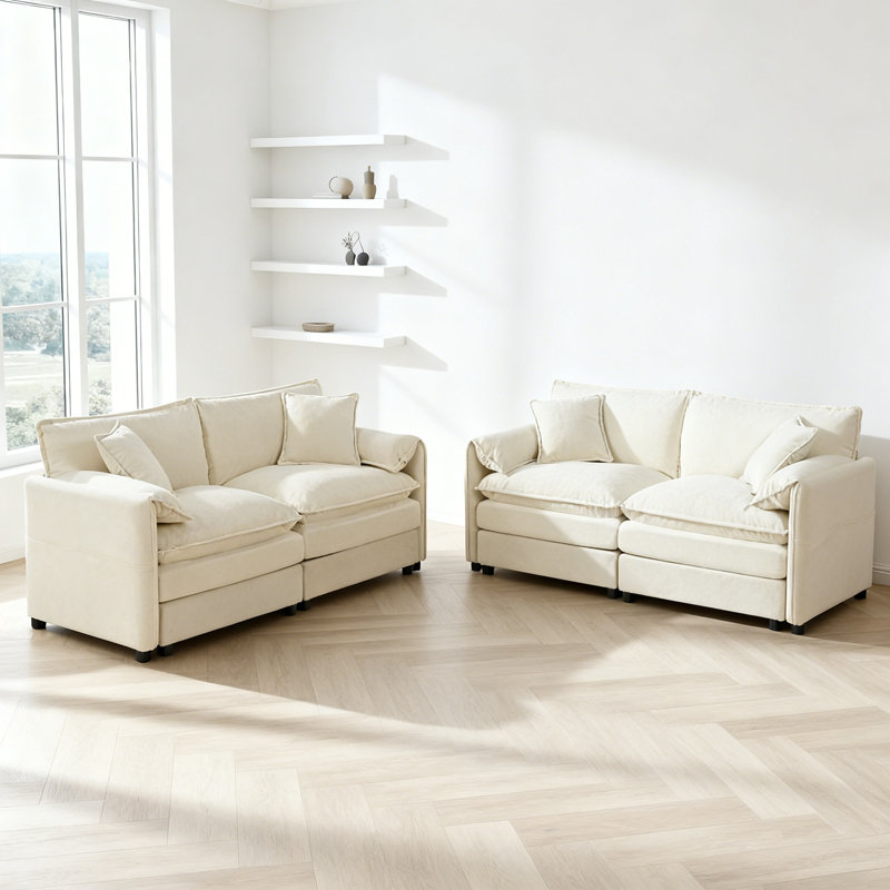 Ensemble de canapé surdimensionné en chenille 2 pièces avec causeuse modulaire et 4 coussins, Beige