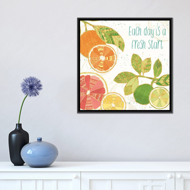 «Citrus Splash IV» par Véronique Charron, reproduction sur toile tendue sur châssis, Toile avec cadre noir, Pas de tapis