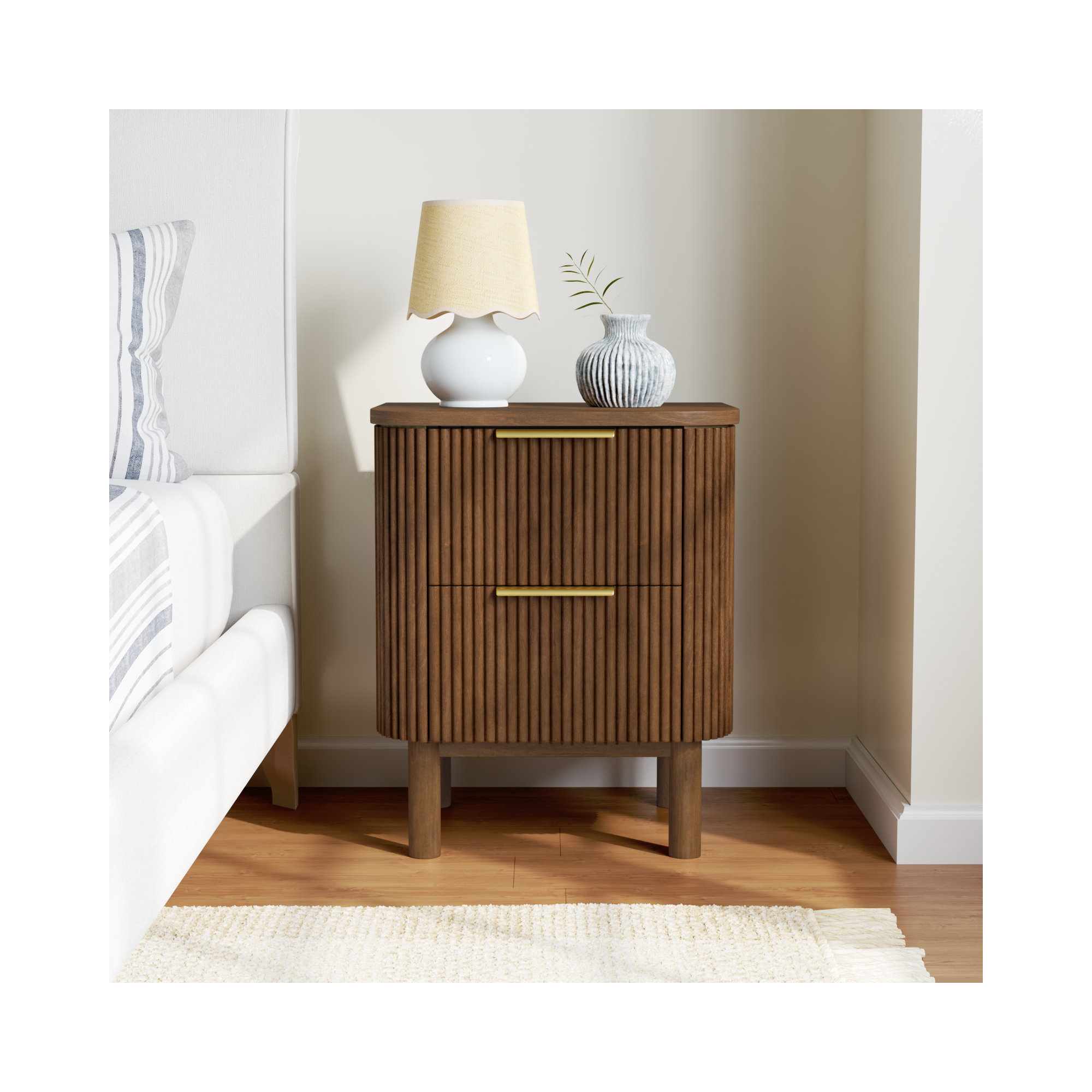 Nova Reeded 2-Drawer Nightstand, Brown Reeded Birch