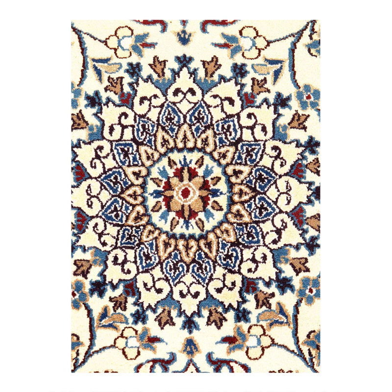 Tapis oriental en coton / laine noué à la main de style oriental 3 pi x 5 pi Rasun en ivoire / bleu marine / brun