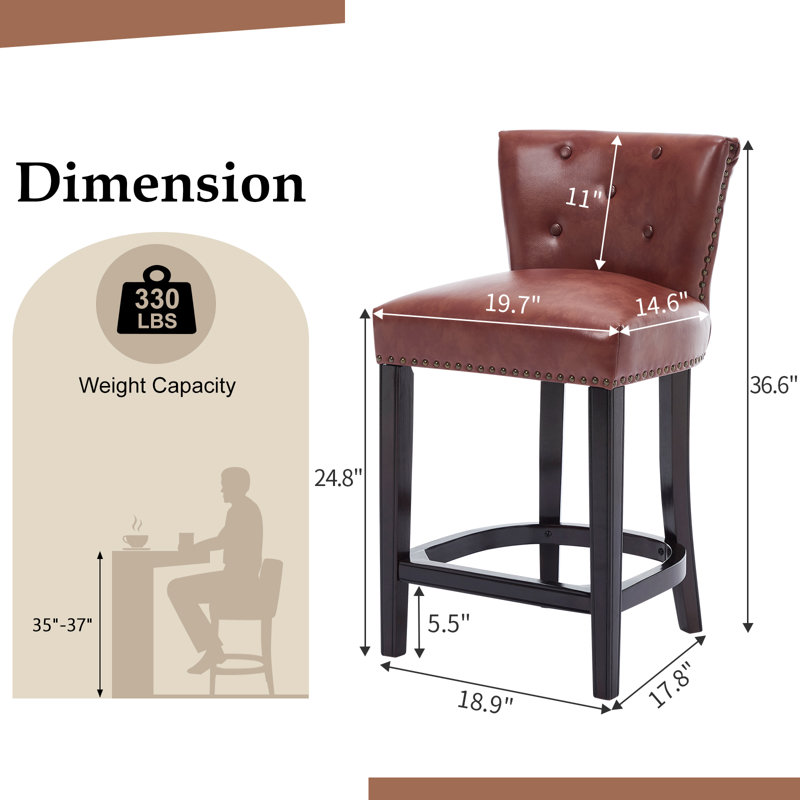 Set of 2 Bar Stools with Backrest, Genuine Leather Seat and Solid Wood Frame, Counter Height Chairs for Kitchen Island and Dining Room
