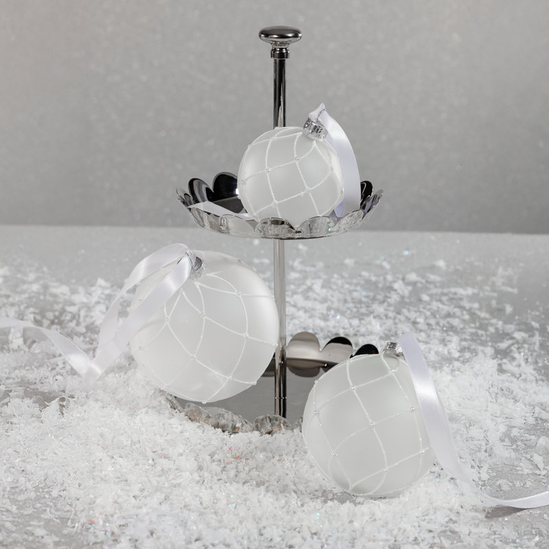 Boules de Noël en verre givré avec paillettes blanches, ensemble de 6, H 3,25 po x l 3,25 po x P 3,25 po