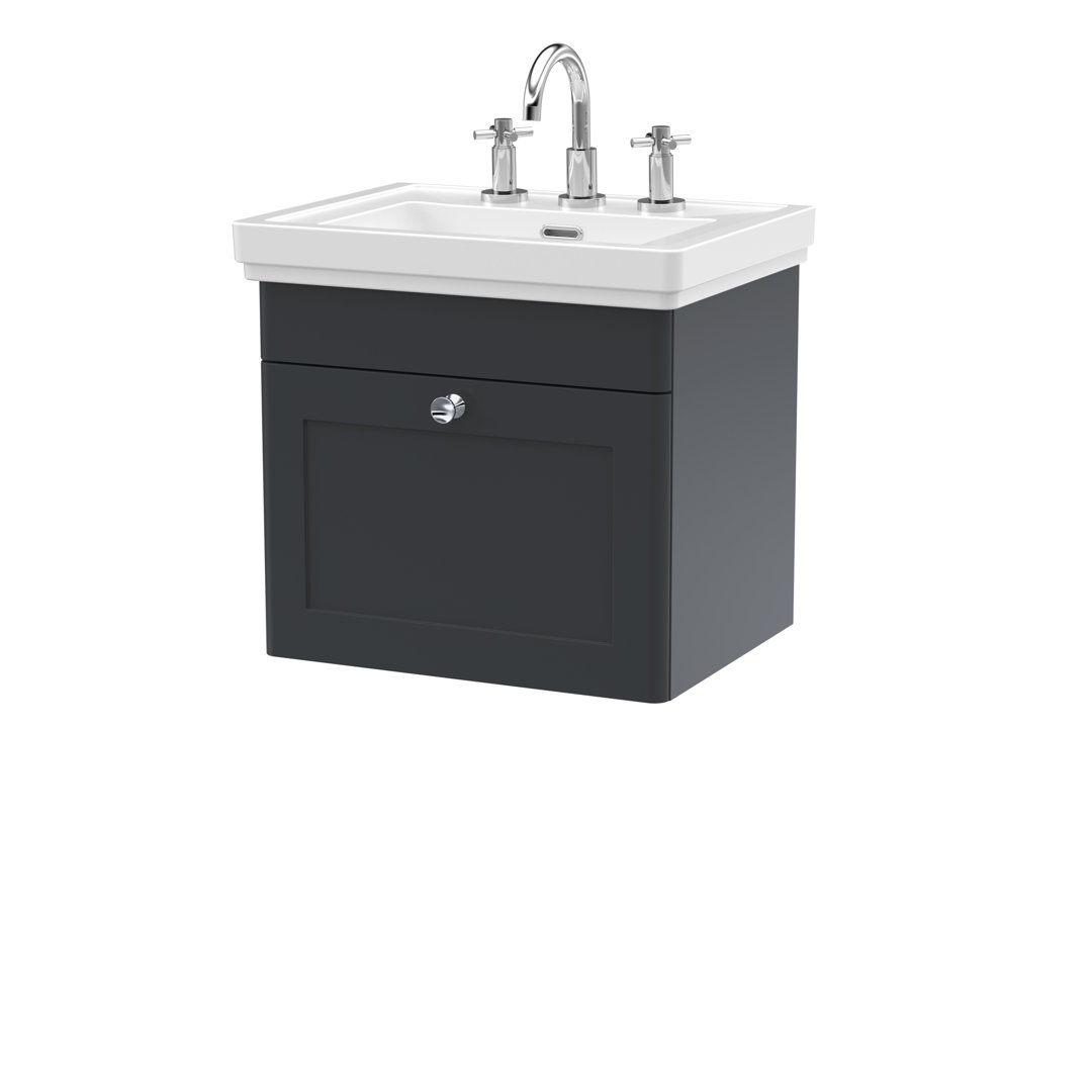 Nuie Soft Black Classique Satin Wall Hung Single Drawer Vanity Unit And Classic Fireclay Basin With 3 Tap Holes | | Mdf | 500Mm - Image 3