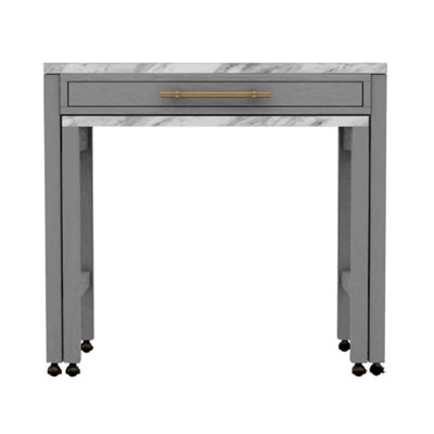 Table design à hauteur de comptoir avec faux marbre et bois massif avec plateau transitionnel gris, gris, bois, tiroir, look rustique, sièges pour 4