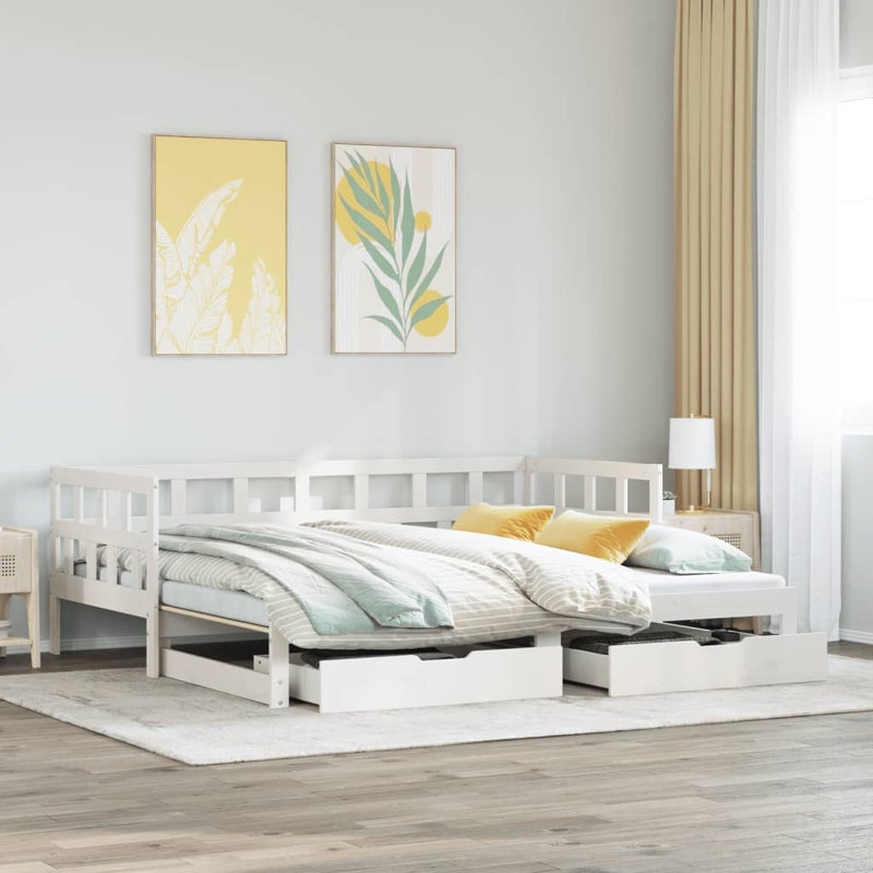 Rojerio Solid Wood with Trundle, European Single (90 x 200cm), White