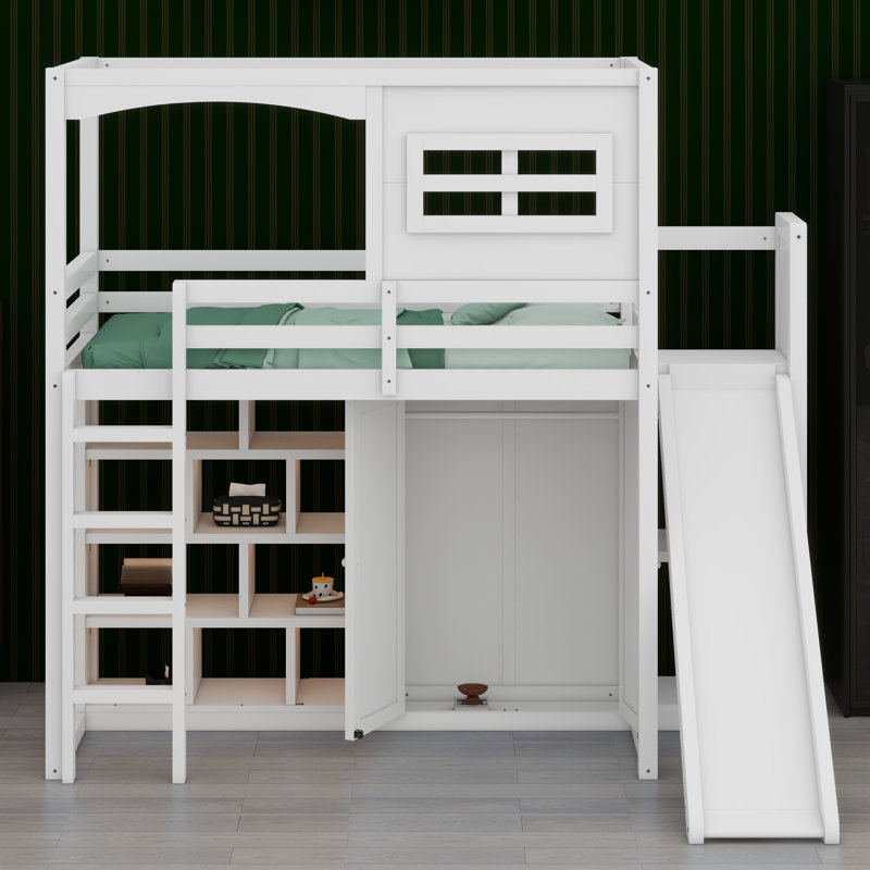 Lit mezzanine avec garde-robe, tablettes de rangement