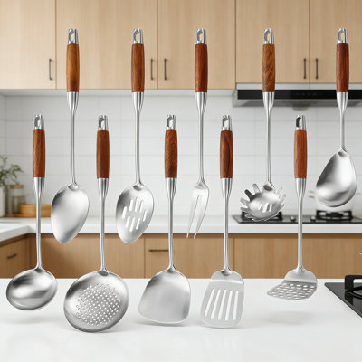 Ensemble d'ustensiles de cuisine professionnel en acier inoxydable 10 pièces avec poignée en bois pour cuisiner, servir et griller
