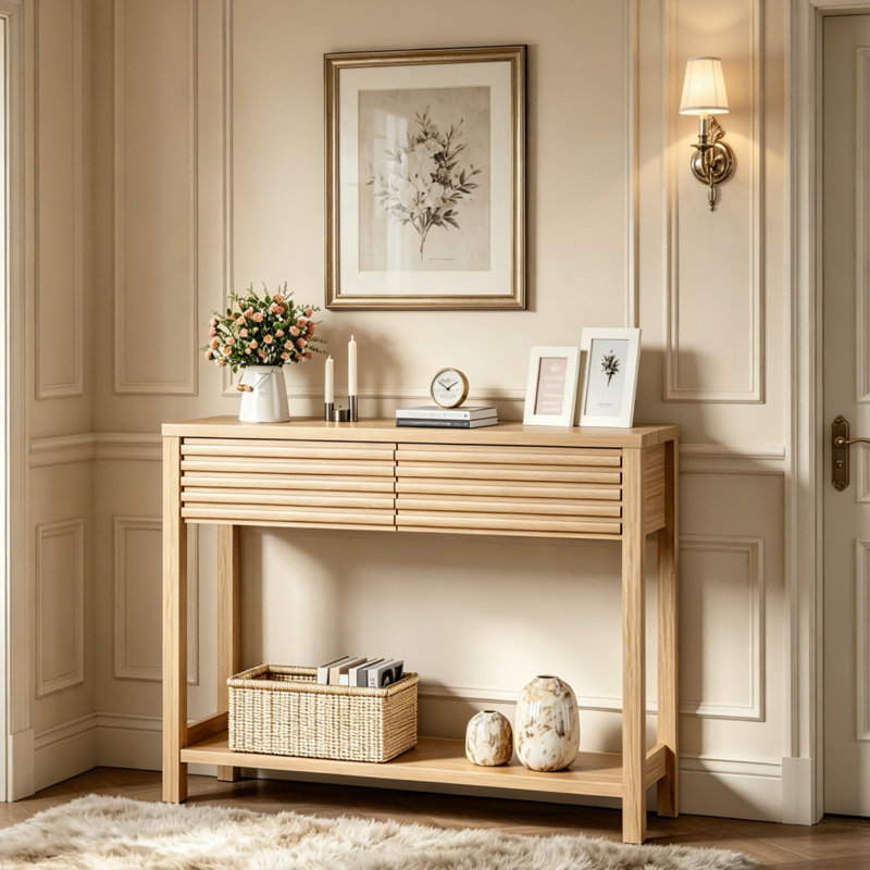 Console cannelée 39,4 "avec tiroirs, table d'entrée étroite avec tablette de rangement, Bois