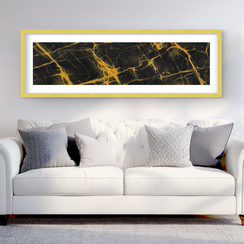 Reproduction abstraite de marbre noir et or | Décoration intérieure encadrée, H 20 po x l 60 po, Doré