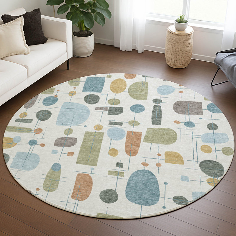 Machine Washable Indoor/Outdoor Jourdan ACN2393 Mid-Century Modern Rug, Round 8'