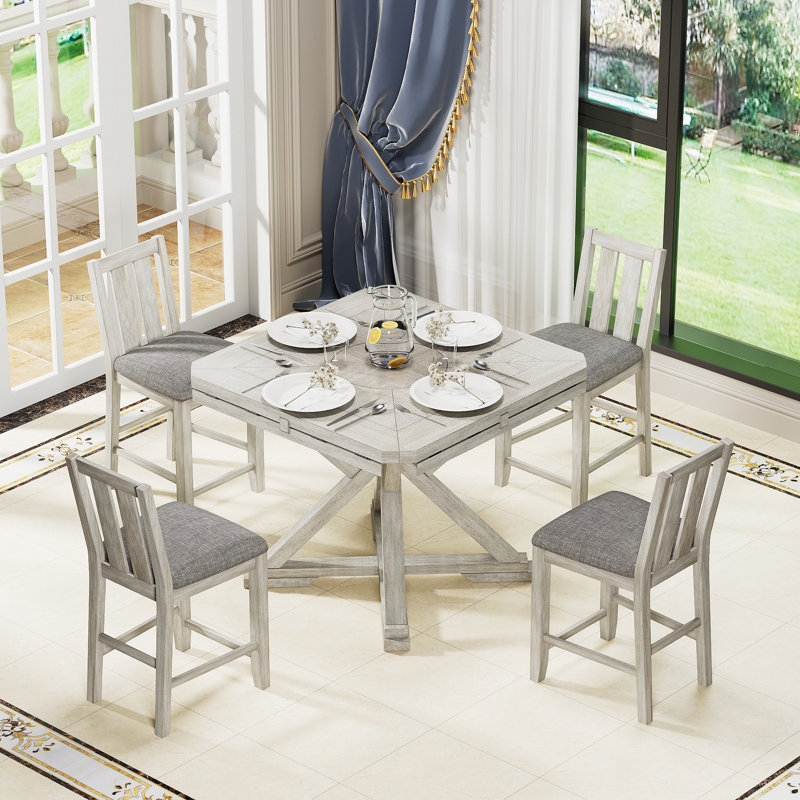 Solid Wood 4-Person Dining Set Grey Extendable Dining Table With Upholstered Padded Chairs