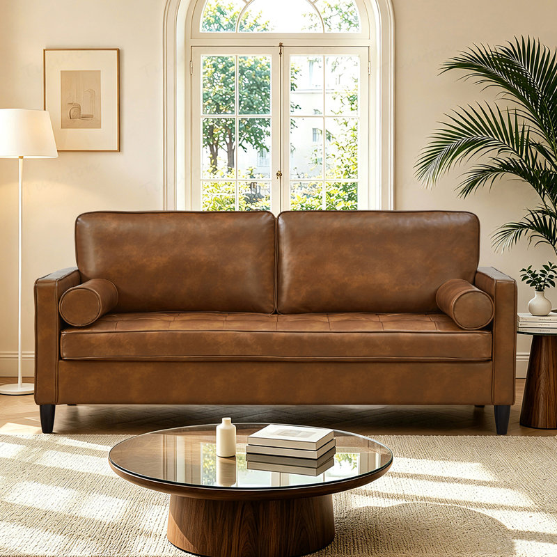 Canapé en cuir de conception classique, similicuir respirant avec coussin de siège capitonné et pieds en bois massif