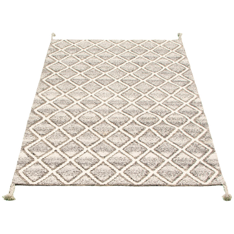 Tapis unique en laine noué à la main de style Indo marocain crème et gris nouvel âge 4 pi 11 po x 8 pi 2 po Grogan