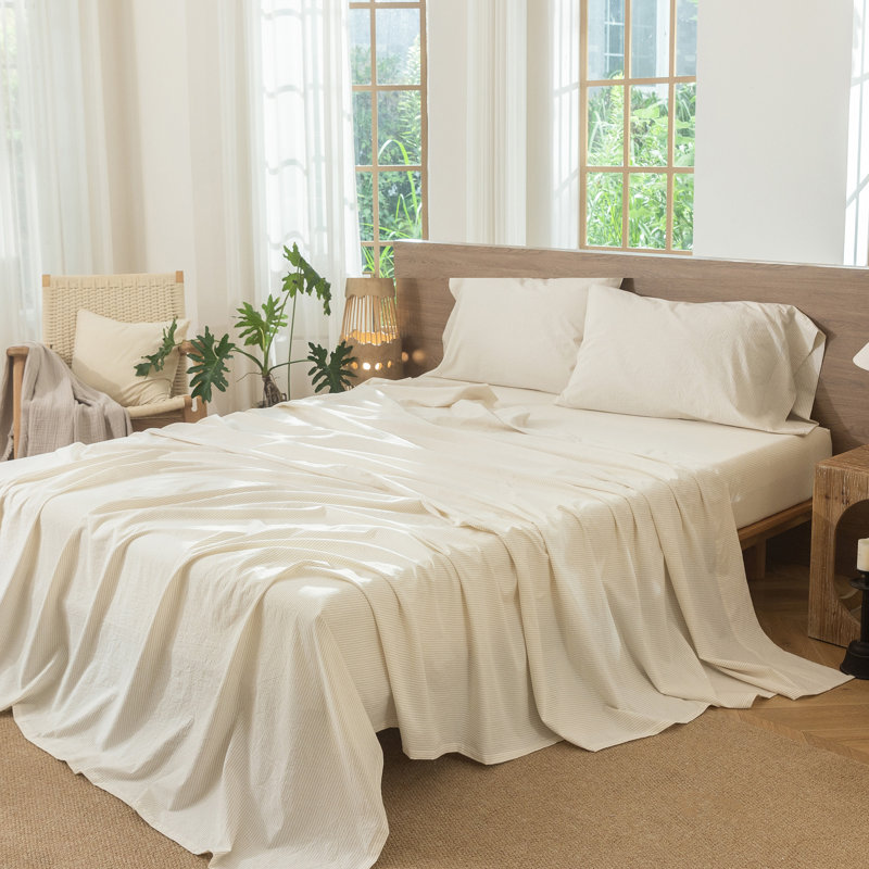 Ensemble de draps 100% coton lavé MooMee, Ensemble de draps pour grand lit avec 2 taies d'or