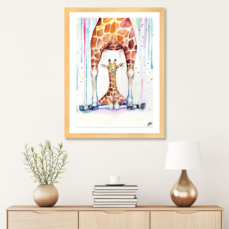 Superbe décoration murale pour enfants girafes sous la pluie, H 32 po x l 24 po x P 1 po, Papier encadré naturel