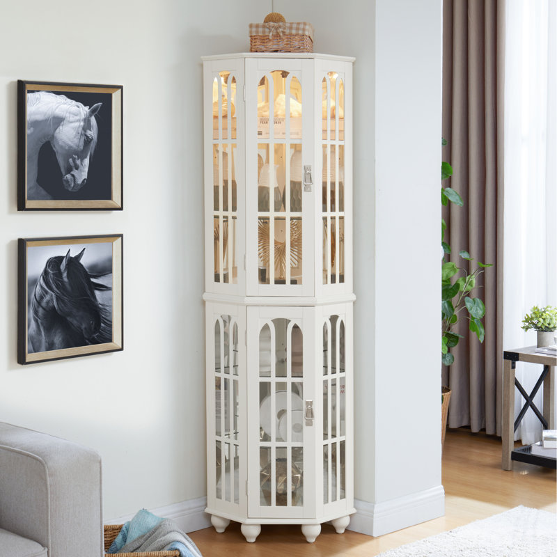 Vitrine blanche avec 4 tablettes réglables et éclairage mobile en verre trempé, White