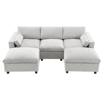 Chenille Sectional With Storage Pockets, 5 Seat U Shaped Couch, 2 Movable Ottomans, Living Room Relaxation Spot Bags, Modern Centerpiece, Soft And Versatile