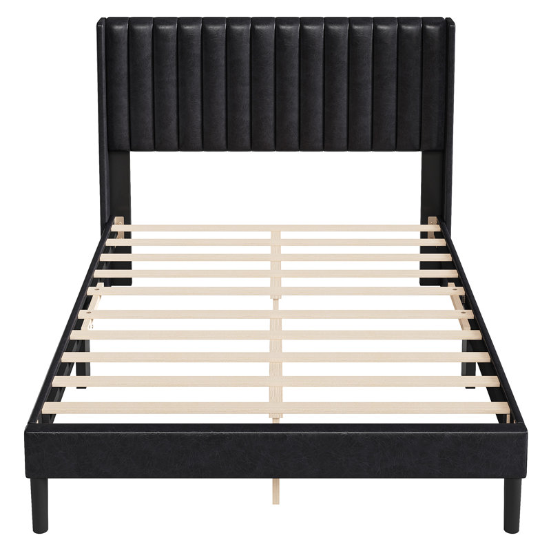 Structure de lit tapissier à oreilles avec table de chevet cannelée, ensemble de mobilier de chambre à coucher, Black, Full