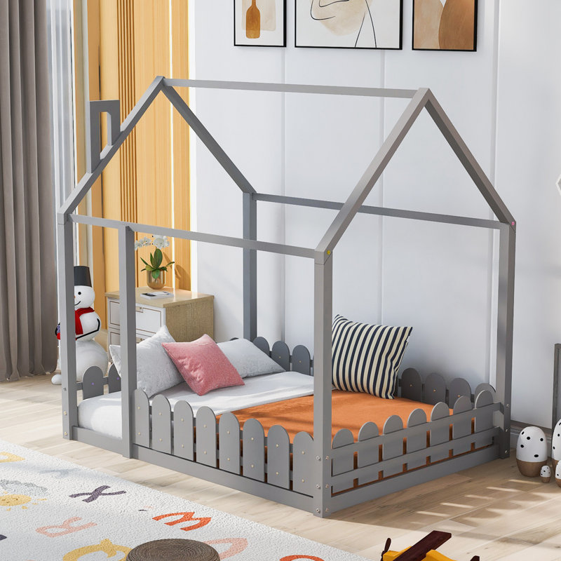 Chesterfield Wooden Floor House Bed Frame with Safety Fence, Light Gray, Full