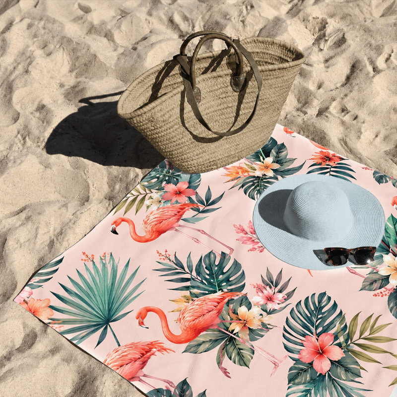1PCS vibrant flamingo beach towel, featuring a tropical floral pattern, perfect for trips, swimming, and outdoor adventures, with an artistic design.