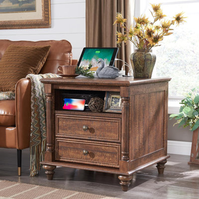  24" Rustic Wood Square Nightstand with Charging Station & Open Shelf