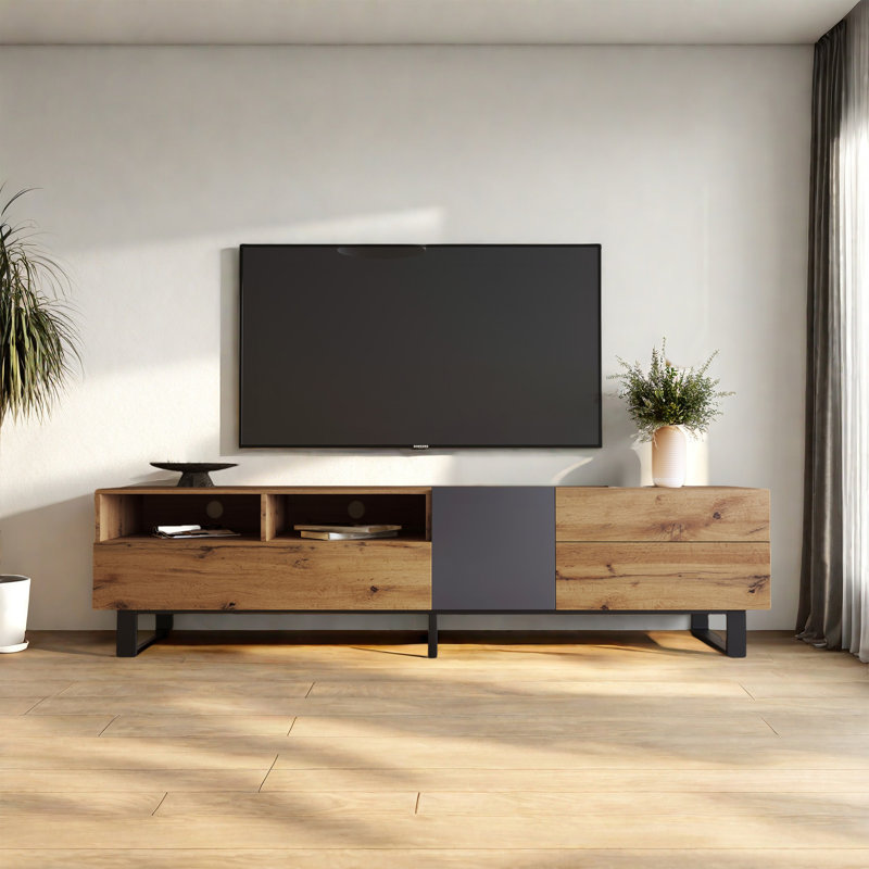 Modern TV Stand With Concealed Storage, Media Console & Drop-Down Doors For Living Room, Bedroom, Or Home Theater