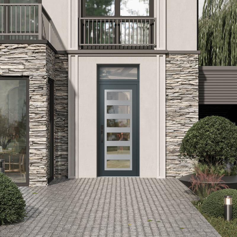 C9 droite 36 po X 96 po Panneau d'entrée en verre argenté anthracite et anthracite à panneau avec porte d'entrée avant en verre transparent