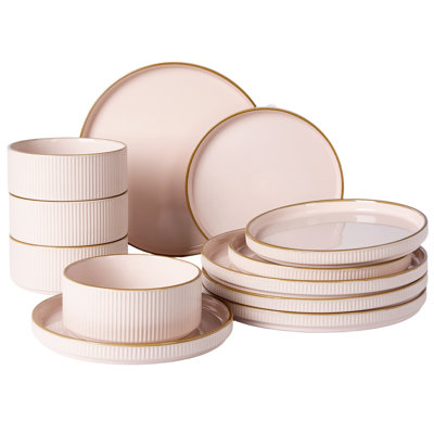 Star Stoneware Dinnerware Sets, 12 Pieces Dish Set, Light Pink With Brown Rim