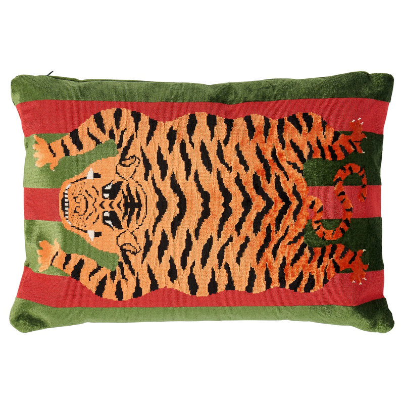 Jokhang Tiger Velvet Pillow, Red/Green