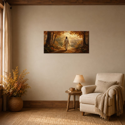 «Jesus Walking Autumn Forest», art mural, chaleur douce de dévotion, surface imperméable facile à nettoyer, salle de prière ou centre d'étude silencieux 20 x 40 po