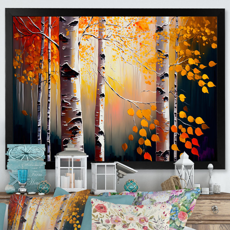 " Autumn Birch Trees Forest II " Painting Print, 16" H x 32" W x 1" D, Black Picture Framed