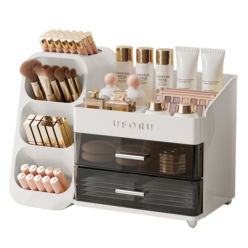 Makeup Organizer for Vanity, Countertop Organizer With 2 Large Drawers, Cosmetic Display Case for Beauty Essential,White