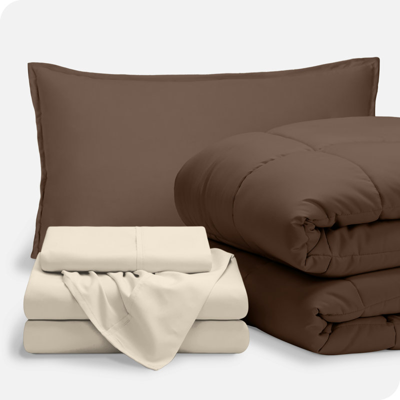 Lit dans un sac en microfibre 1800 de qualité supérieure 1800, Édredon simple + 4 pièces supplémentaires, Chocolat / sable
