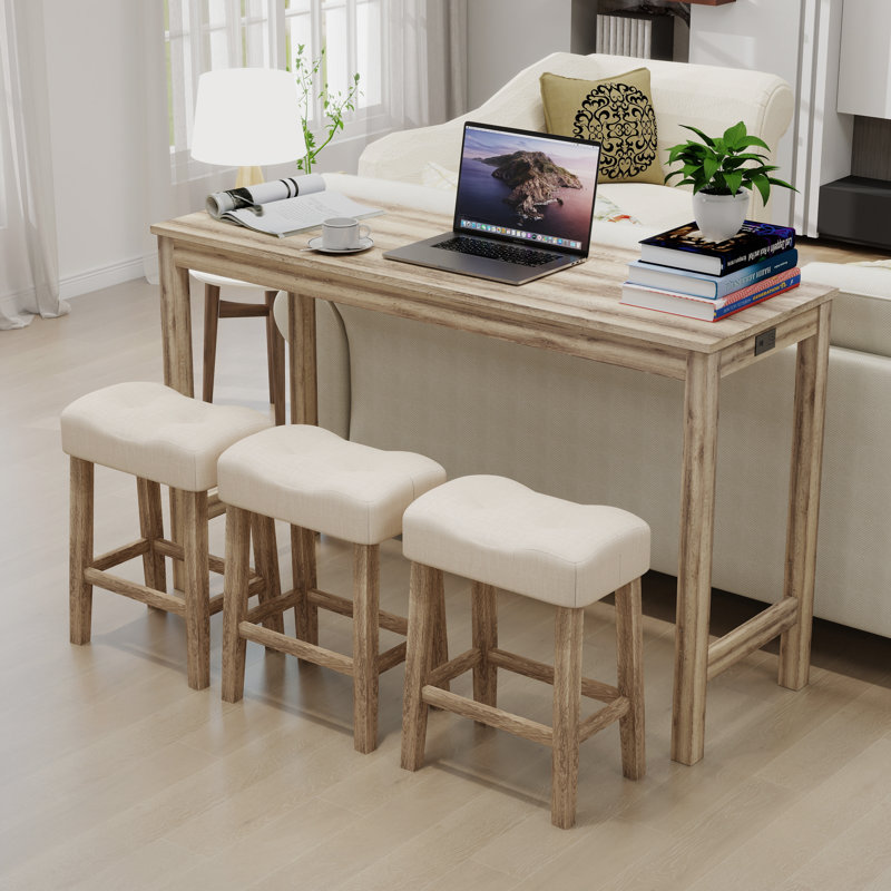 Ensemble de table de bar 4 pièces avec prise et 3 tabourets, table de salle à manger élégante et chaises, Brun