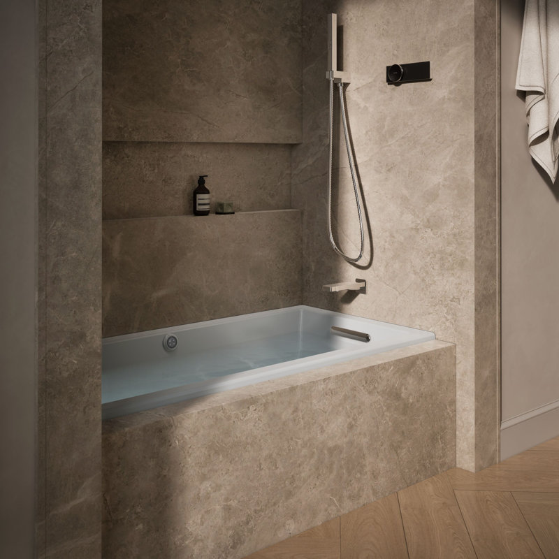 Underscore 60" L x 30" W Alcove/Tile in Whirlpool Acrylic Bathtub with Heater Included, Right, Ice Grey