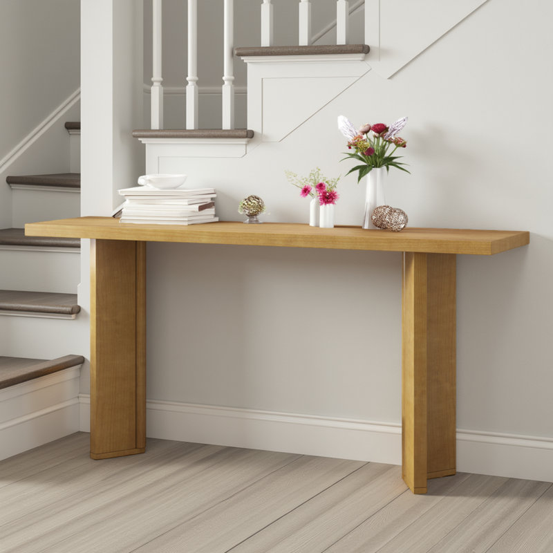 Console en placage de pin avec base géométrique, cadre en panneau de fibres à densité moyenne pour le hall d'entrée ou le salon