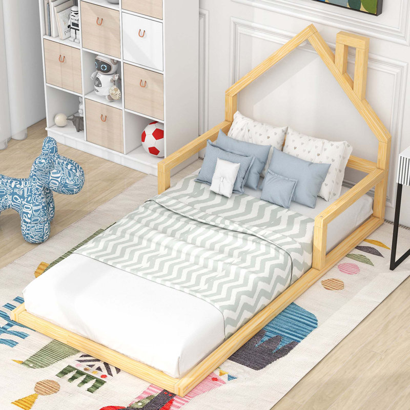Lit en bois avec tête de lit en bois, Naturel, Simple